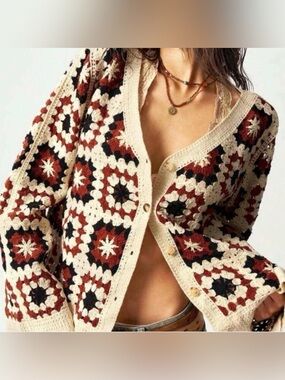 Boho Crochet Cardigan Sweater - Cream with Rust & Black XL